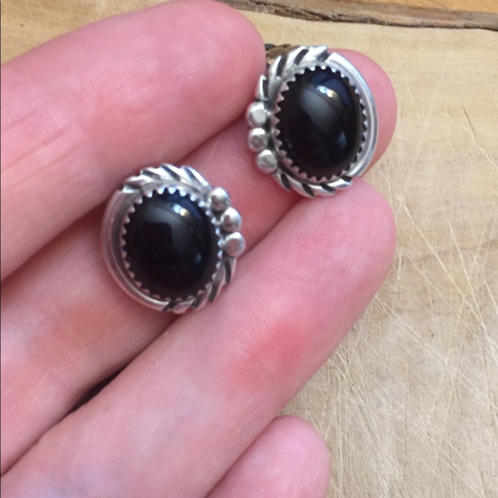 Vintage onyx silver clip earrings